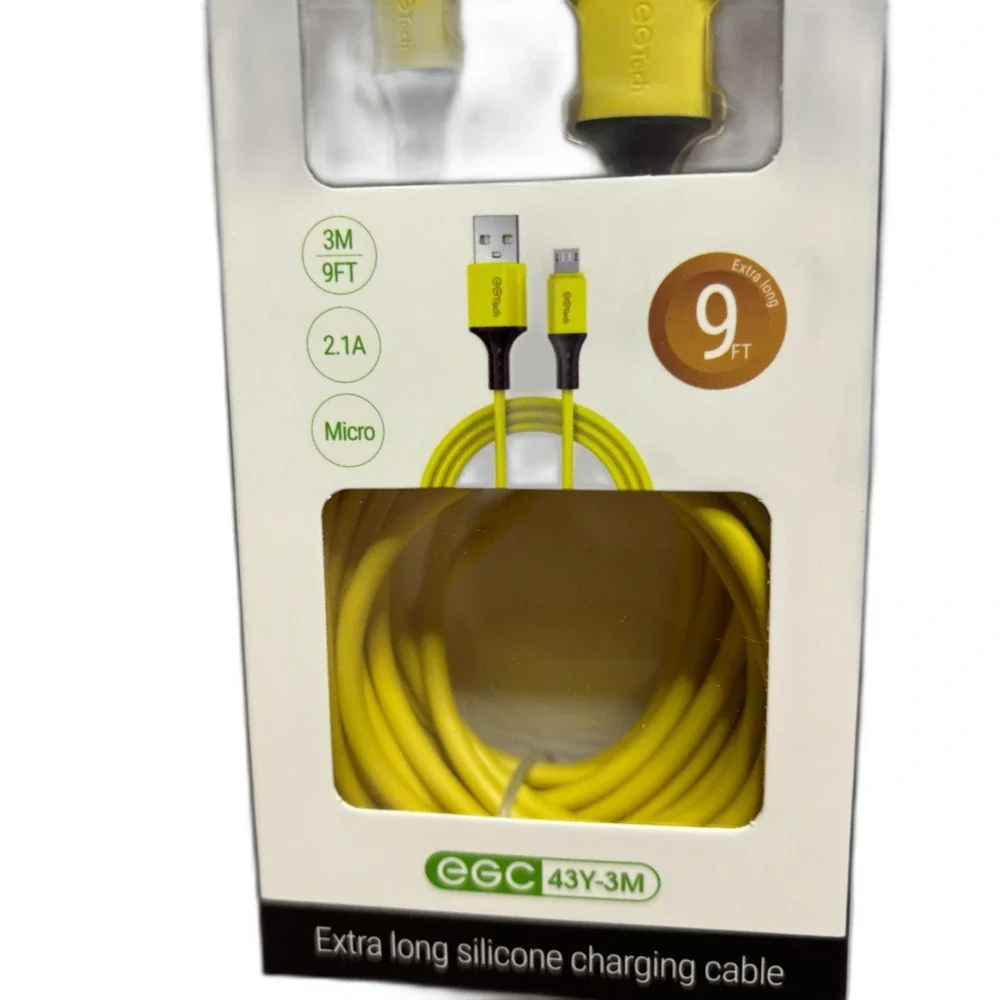 EGTech NWT 9 Foot Yellow Silicone USB to Micro Charging Chord